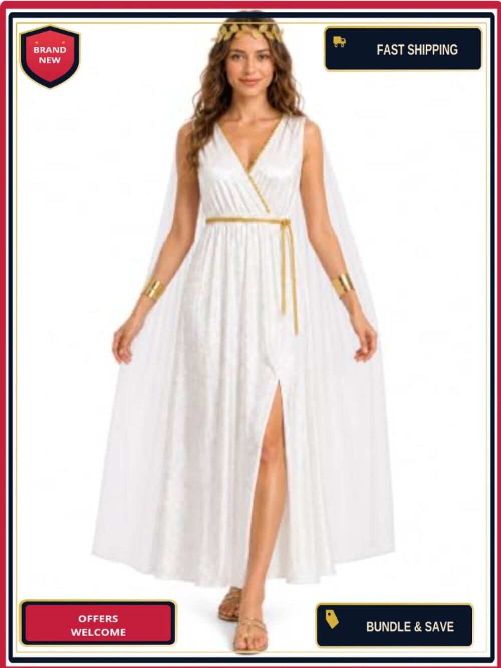 Greek Goddess Toga Costume Set Velvet-Look Dress Cape Gold Belt Women